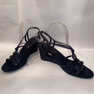 New York Transit Black Wedge Sandals with Blue Rhinestones & Glitter, Size 10